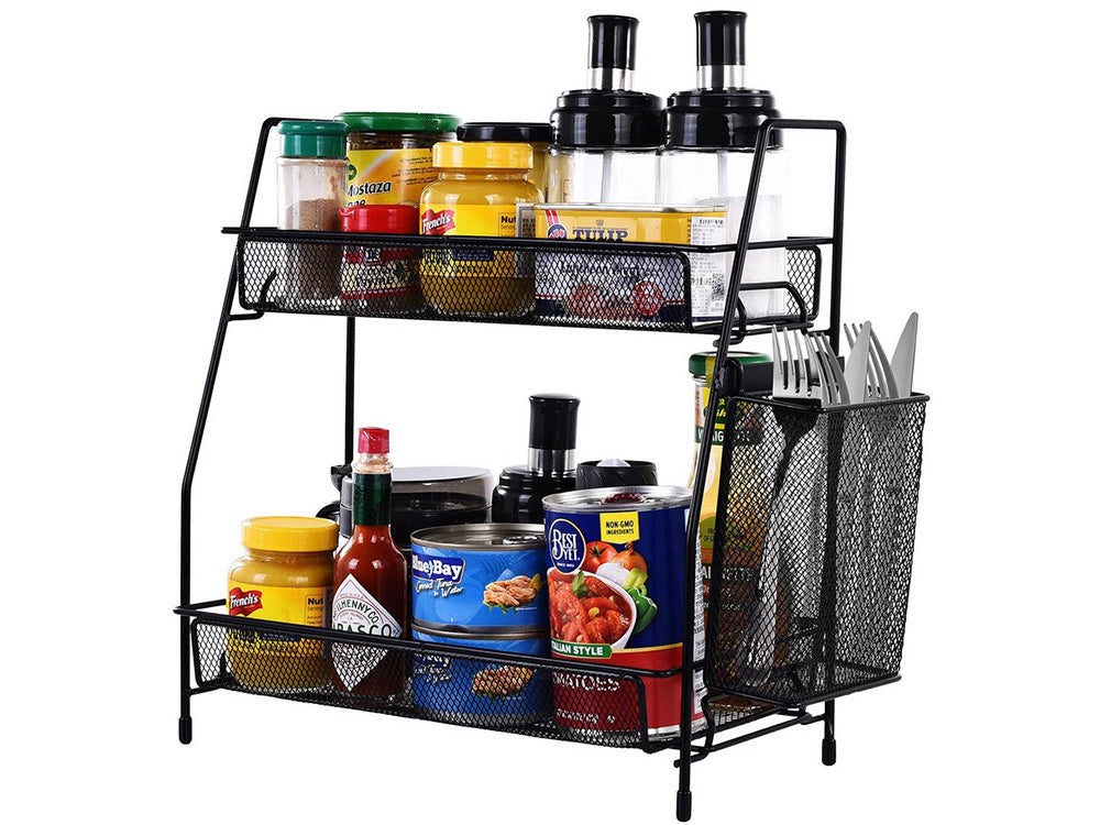 Virtuves plaukts bēniņu virtuves organizators divstāvu statīvs ar grozu