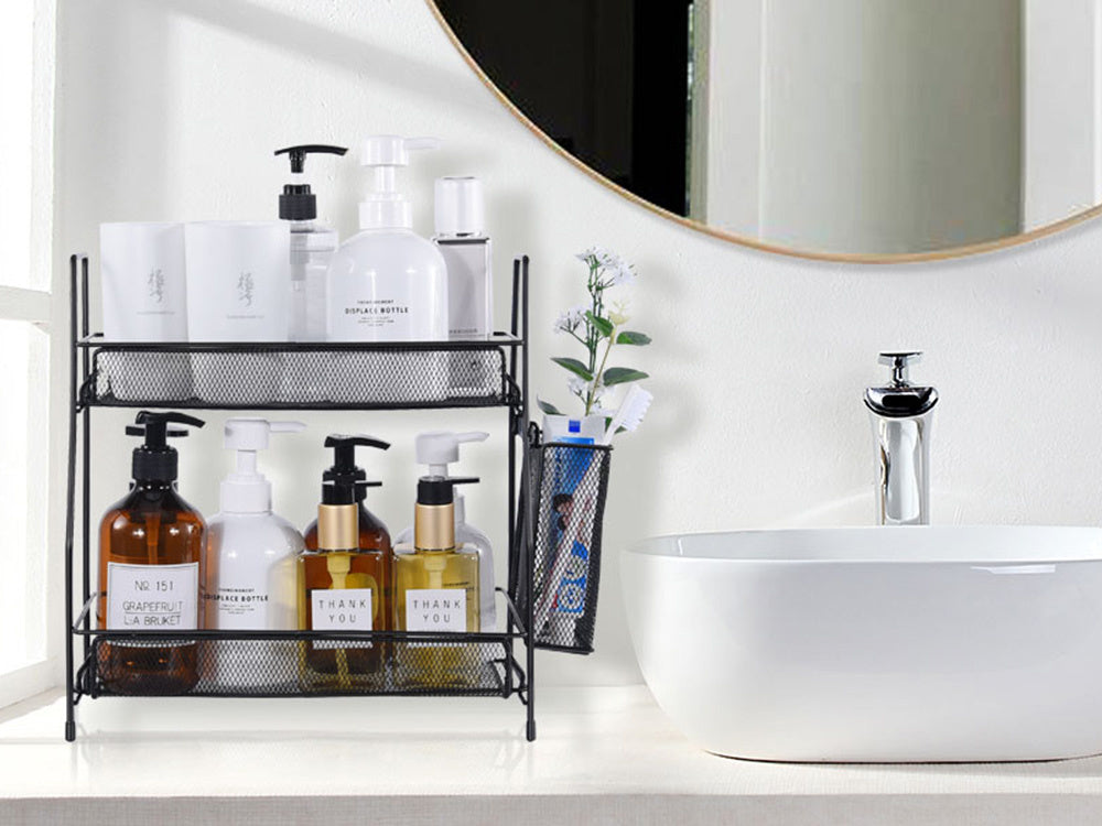 Virtuves plaukts bēniņu virtuves organizators divstāvu statīvs ar grozu