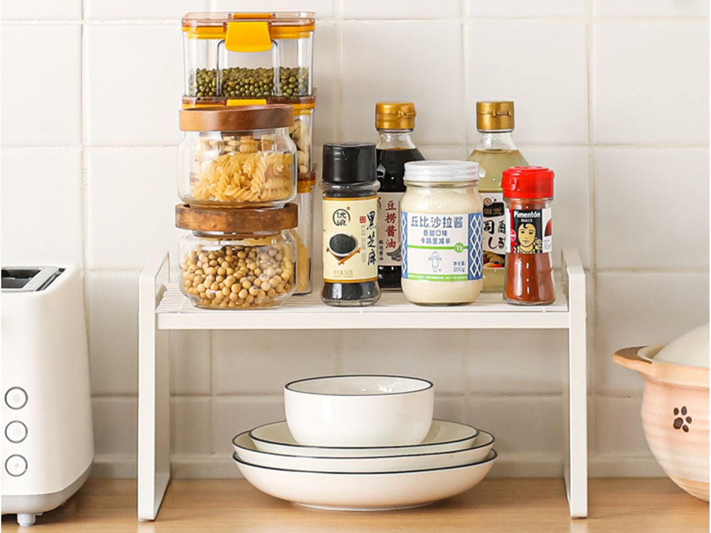 Vienlīmeņa metāla plaukts virtuves darba virsmai, virtuves organizatora bēniņu statīvs