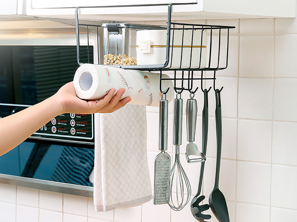 Metāla grozs zem skapīša virsmas ar 5 āķiem papīra turētājam