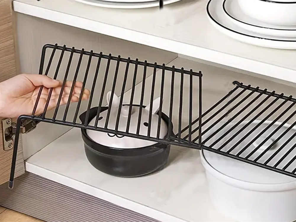 Metāla plaukts ar regulējamu platumu, paplašināms, virtuves organizatoram, melns