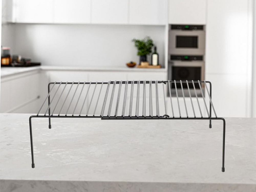 Metāla plaukts ar regulējamu platumu, paplašināms, virtuves organizatoram, melns
