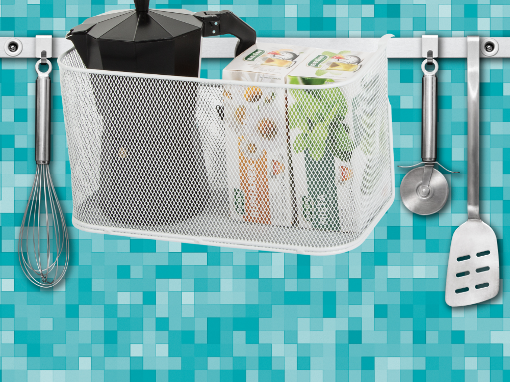 Metāla grozs, uz sliedes piestiprināms organizators, piekarināms grozs, virtuves plaukts