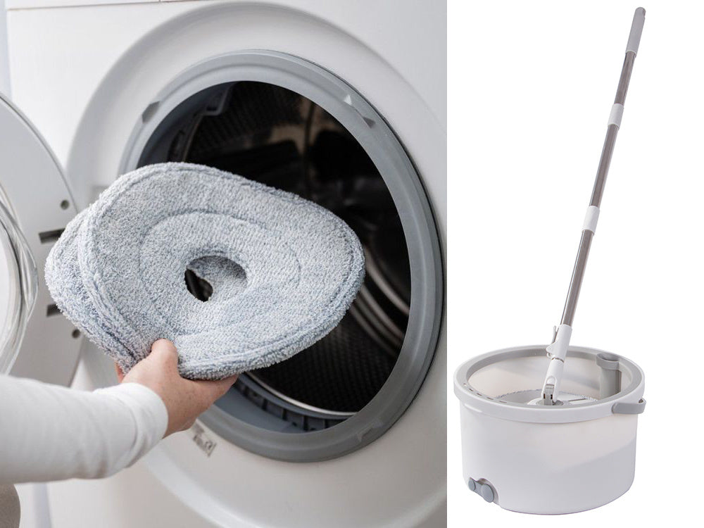 Rotācijas mops ar 360 grādu griešanās spainīti un 2 mikrošķiedras spilventiņiem