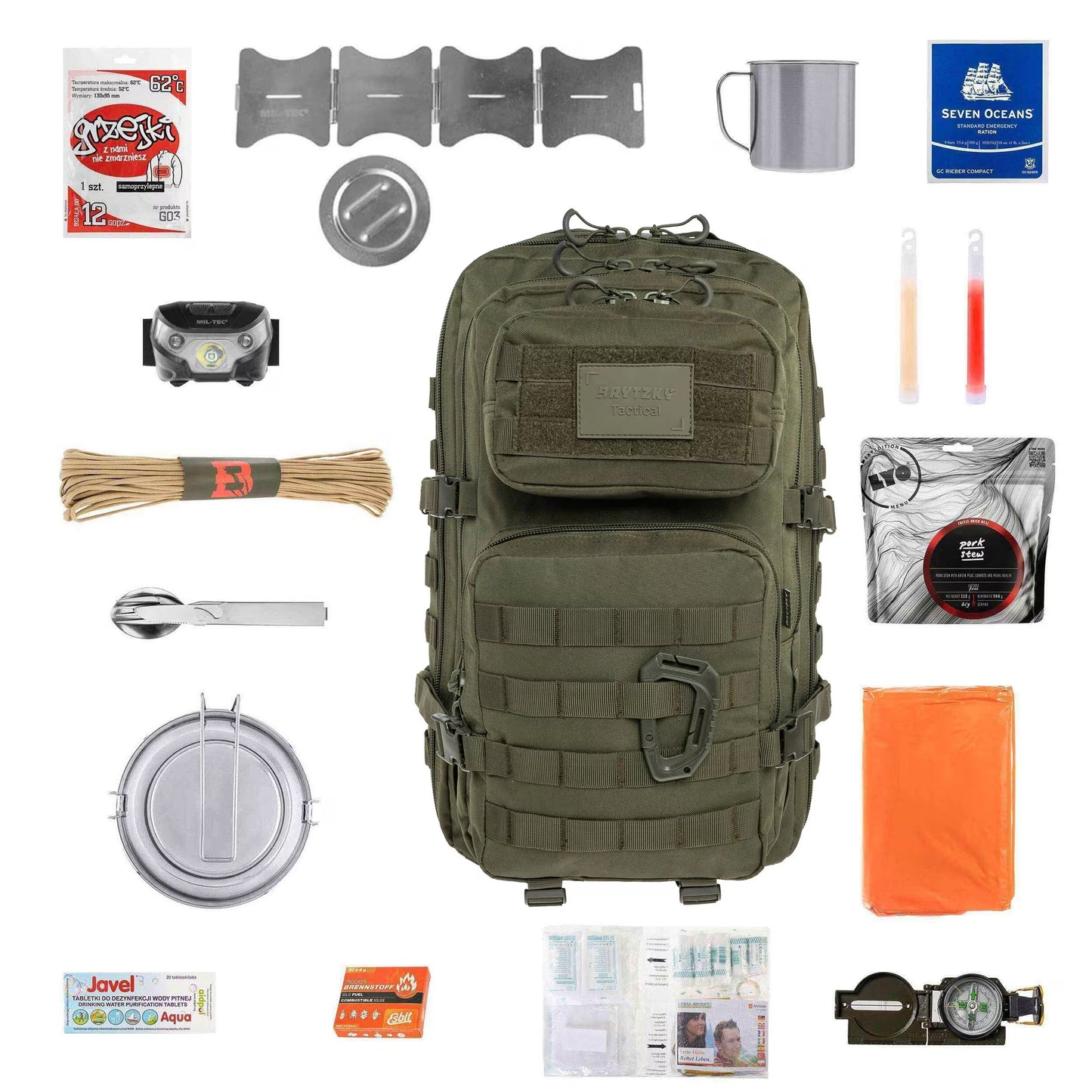 Izdzīvošanas mugursoma 36L ar aprīkojumu – Brytzky Tactical Polygon Olive V2 | 72h soma | Evakuācijas soma | Bug Out Bag
