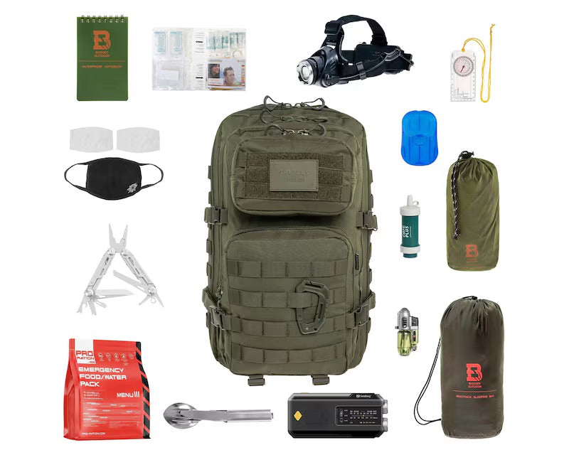 Izdzīvošanas mugursoma 36L ar aprīkojumu – Brytzky Tactical Polygon Olive | 72h soma | Evakuācijas soma | Bug Out Bag