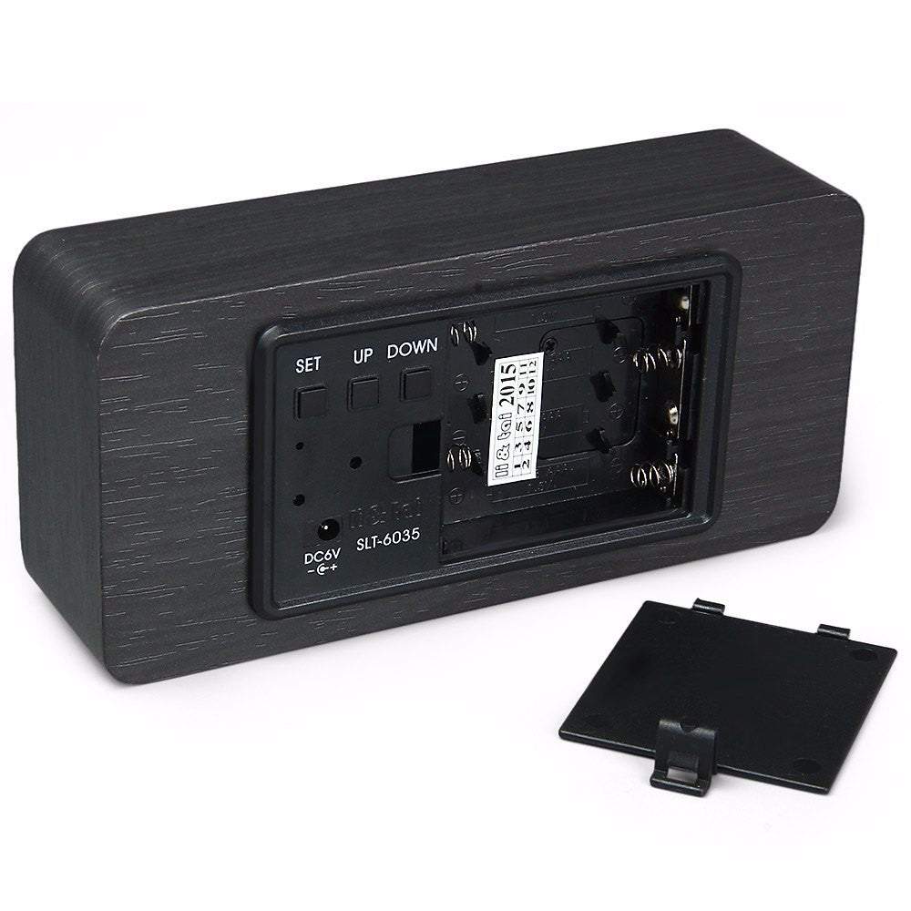 Moderns koka LED pulkstenis ar modinātāju un termometru, tumšā krāsā