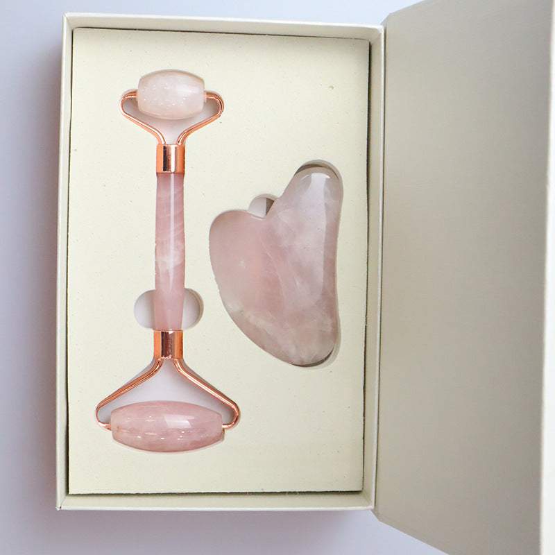 Nefrīta rullītis, jade roller ar gua sha rozā kvarcs, sejas masieris