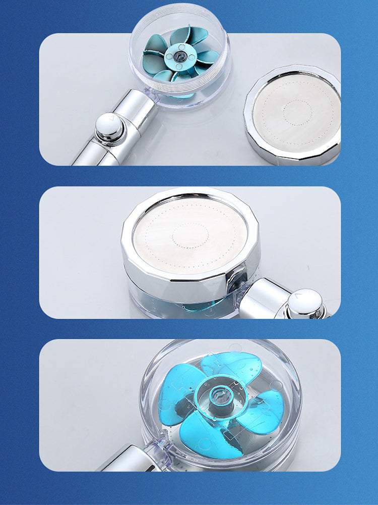 Dušas galvas klausule ar turbīnu ventilatoru ūdens taupīšanai un spiediena palielināšanai