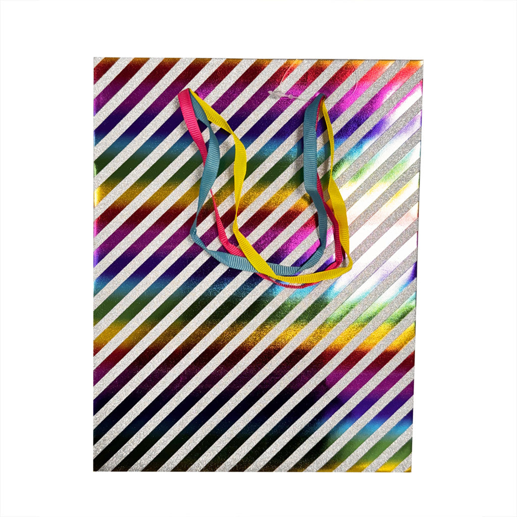 Krāsains svītrains mirdzošs dāvanu papīra maisiņš 18x10x23 cm