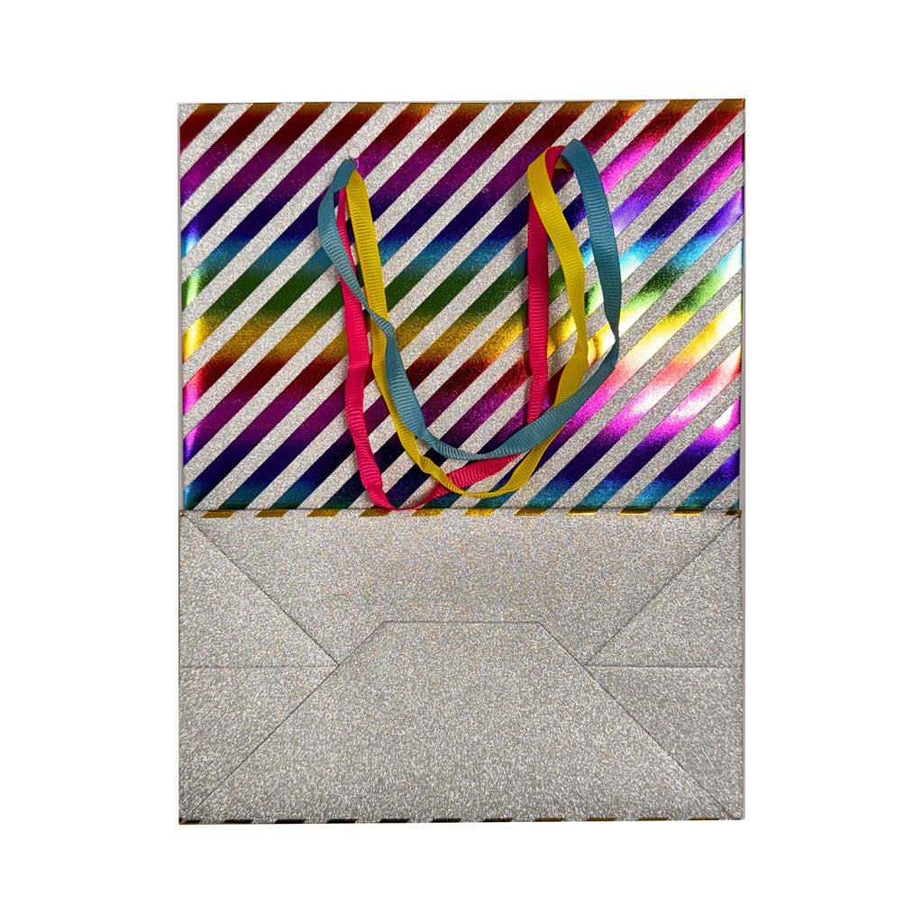 Krāsains svītrains mirdzošs dāvanu papīra maisiņš 18x10x23 cm