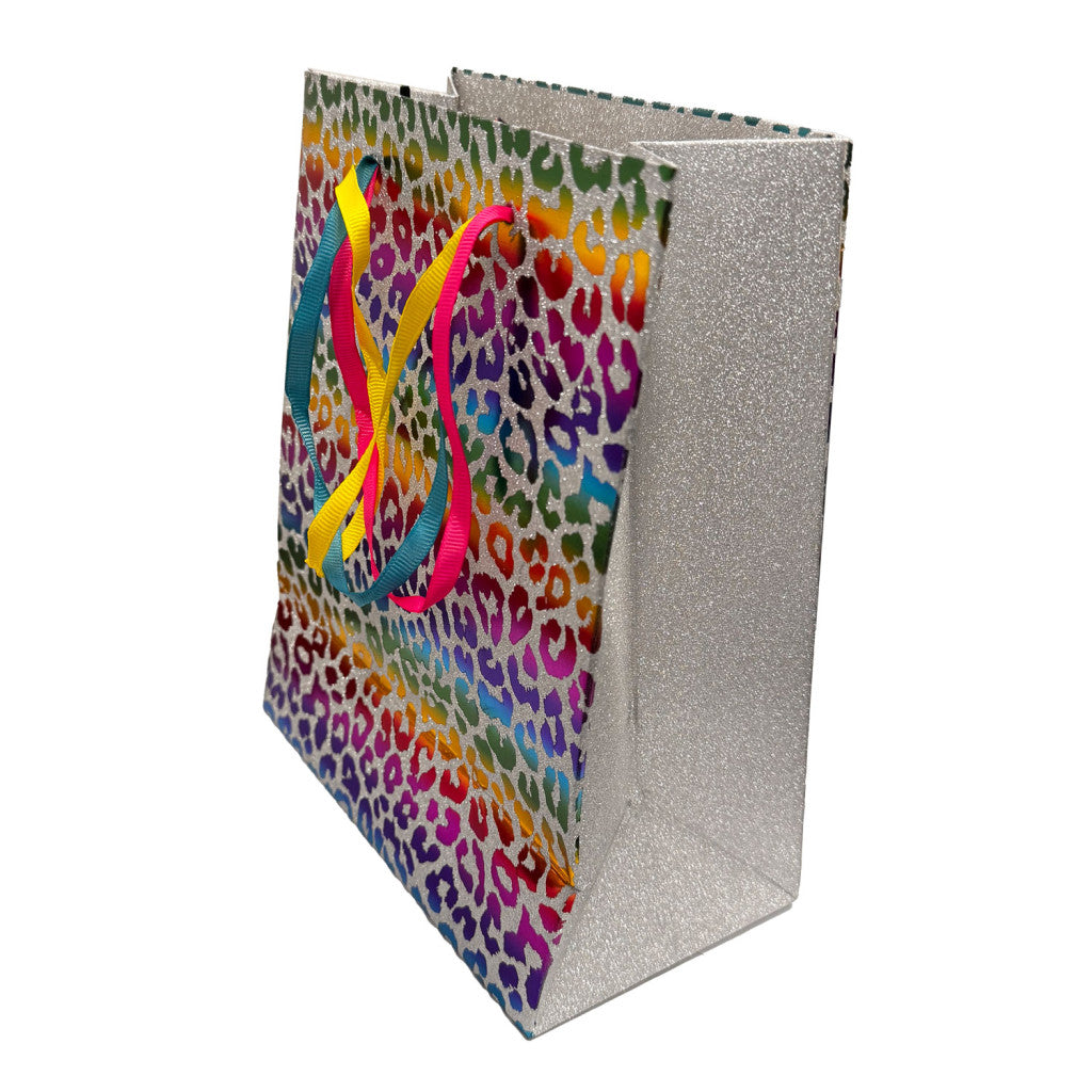 Krāsains leoparda mirdzošs papīra dāvanu maisiņš 18x10x23 cm