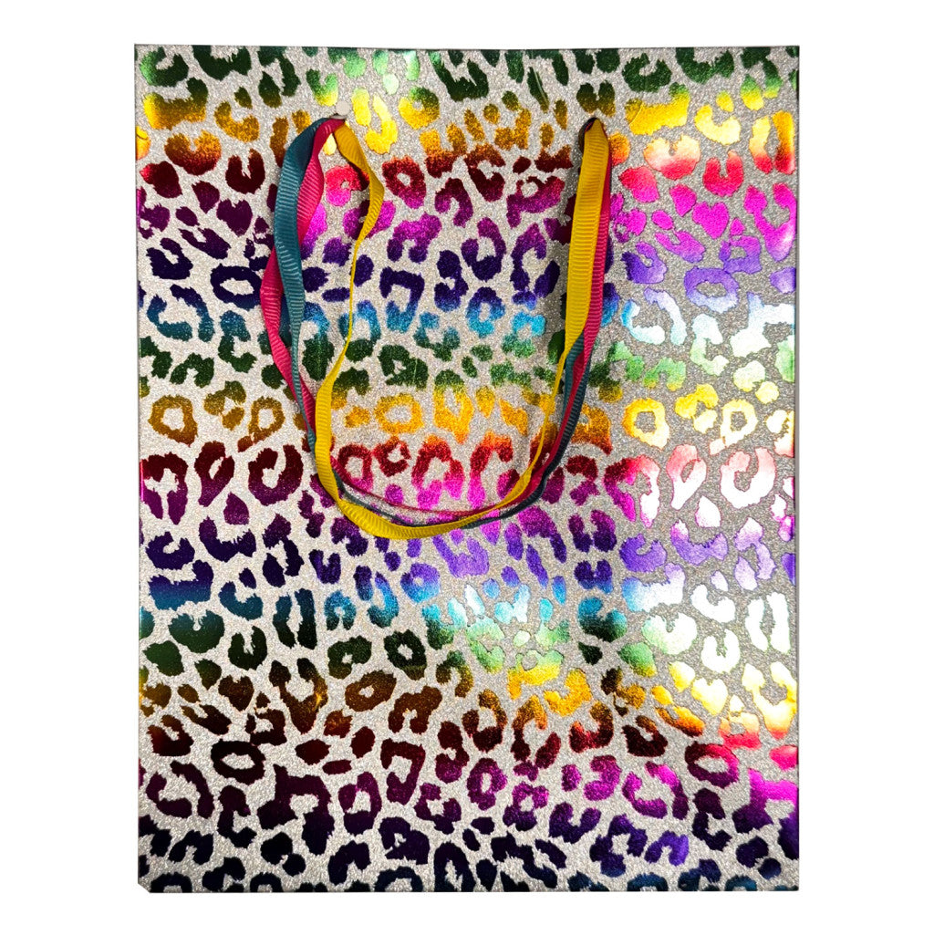 Krāsains leoparda mirdzošs papīra dāvanu maisiņš 18x10x23 cm