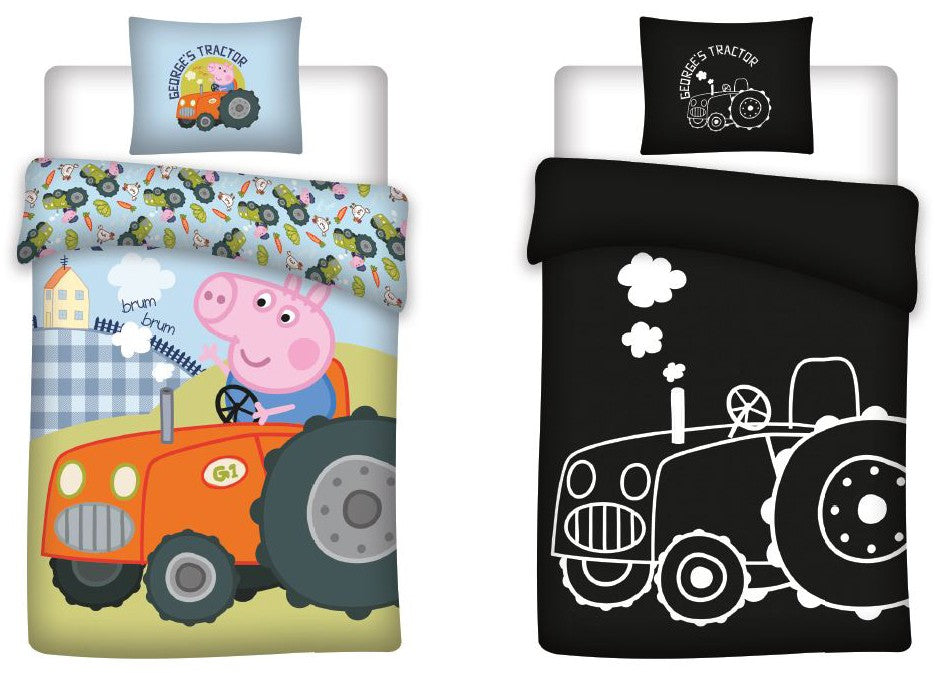 Peppa Pig George's Tractor bērnu gultasveļas komplekts ar tumsā spīdošu efektu 100x135cm, 40x60cm