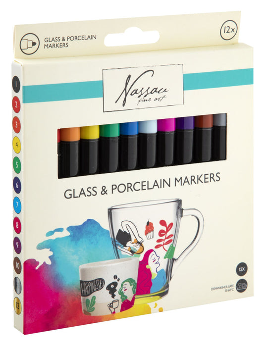 Krāsainie Nassau stikla un porcelāna marķieru komplekts, 12 gab.
