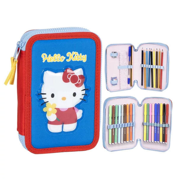 Hello Kitty zils divslāņu pildīts zīmuļu maciņš