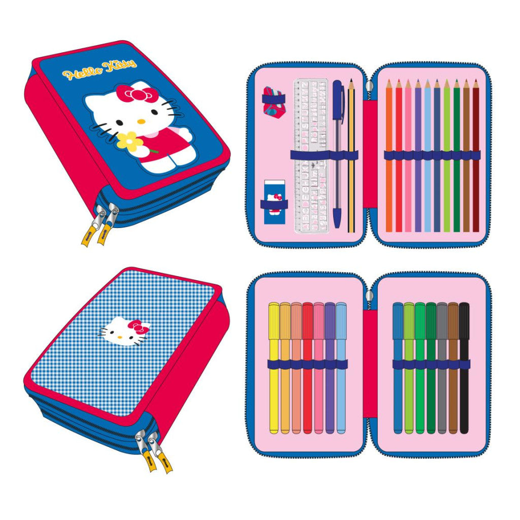 Hello Kitty zils divslāņu pildīts zīmuļu maciņš