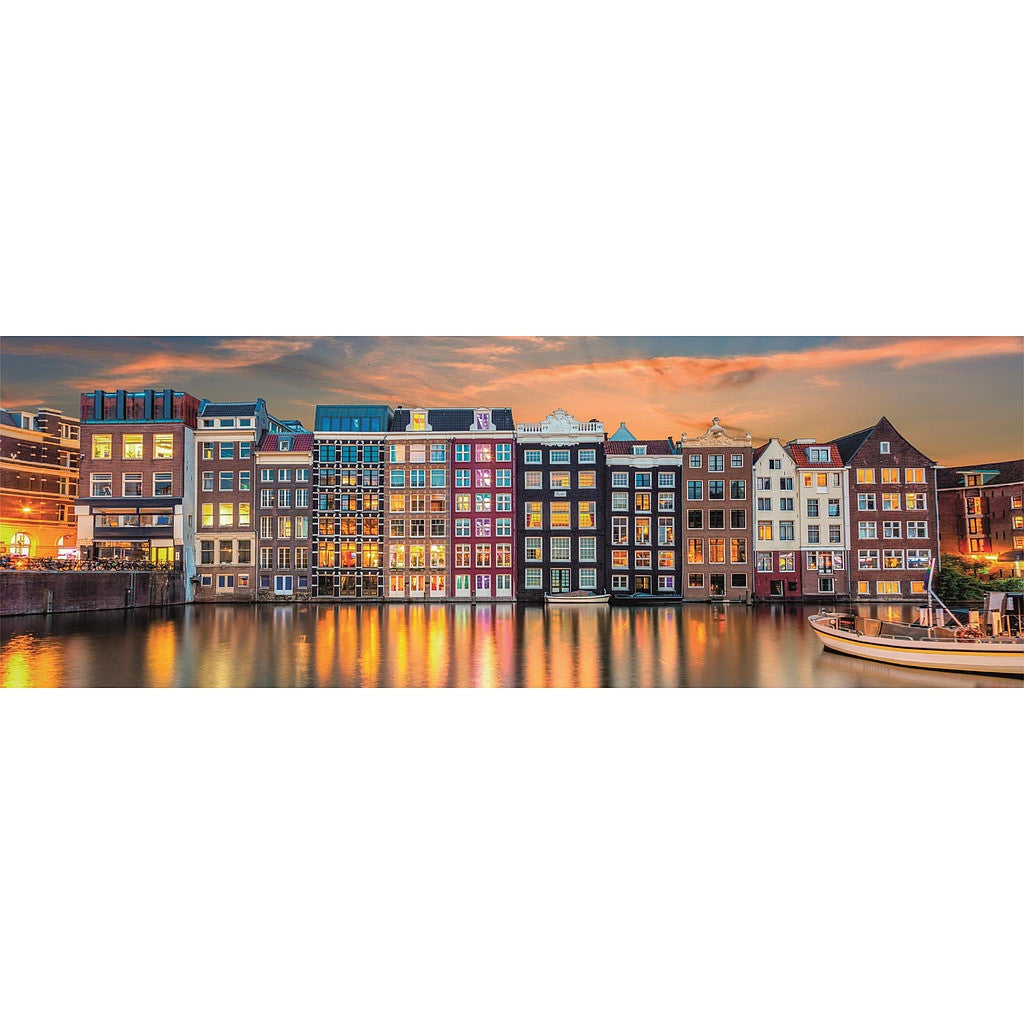 Pilsētas, gaišā Amsterdama, 1000 gabaliņu panorāmiska kompakta puzle Clementoni