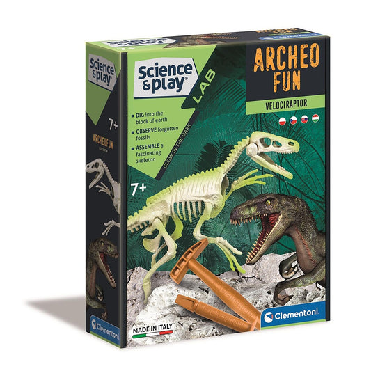 Dinozauru arheo jautrs kvēlojošs Velociraptor arheoloģiskais komplekts Clementoni