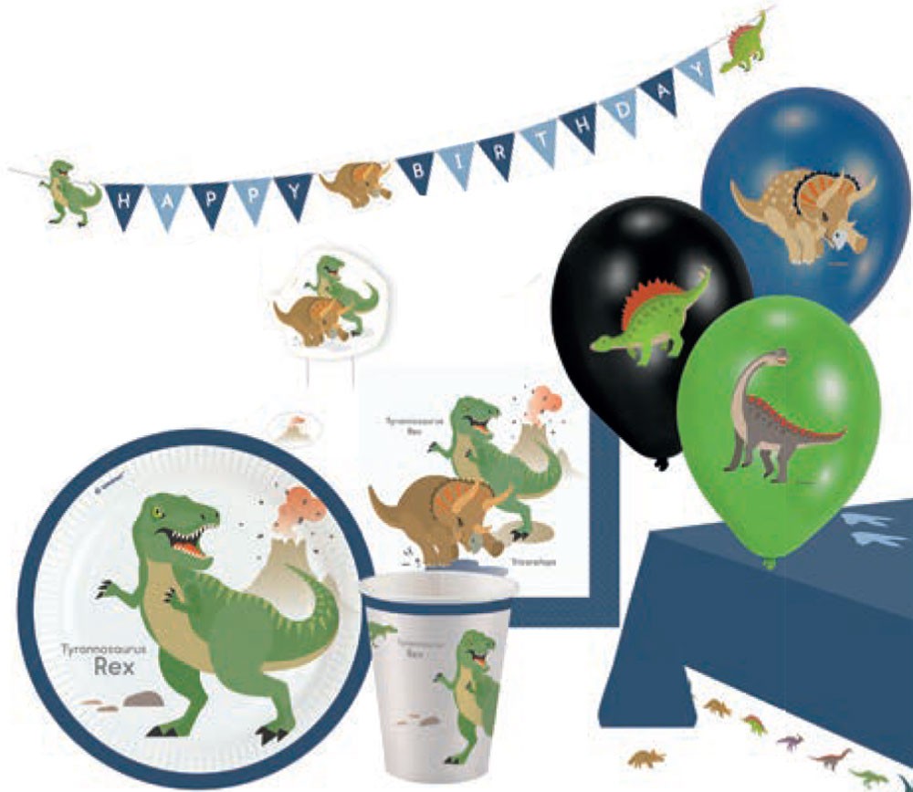 Dinozauru ballīšu komplekts ar 45 detaļām un 23 cm šķīvi
