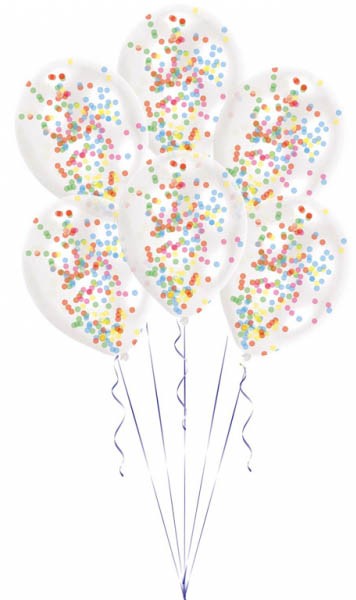 Krāsaini, ar konfeti pildīti baloni, 6 gab., 11 collas (27,5 cm)