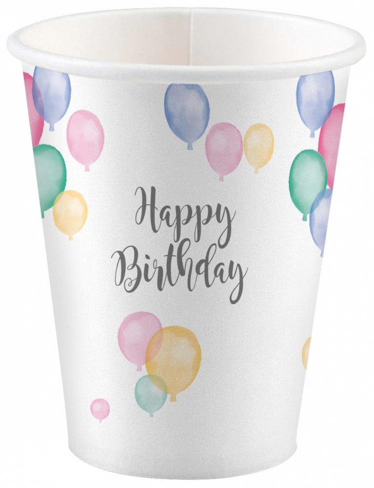 Papīra krūzīšu komplekts "Happy Birthday Pastel", 8 gab., 250 ml