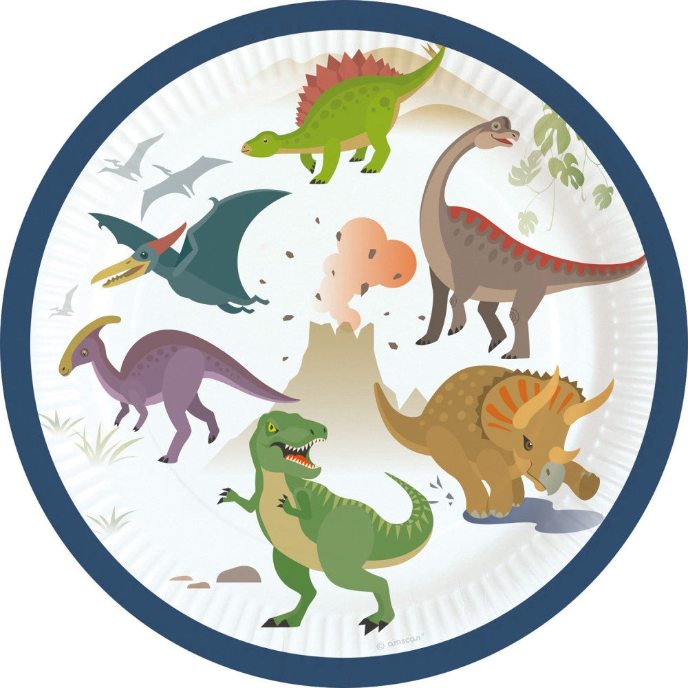 Dinozauru priecīgo papīra šķīvju komplekts 8 gab. 18 cm