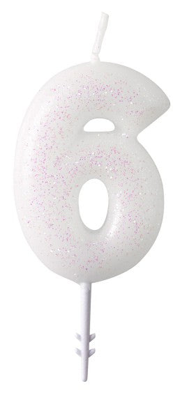 Krāsa Balta, baltas vizuļojošas sveces numurs 6, 6,5 cm