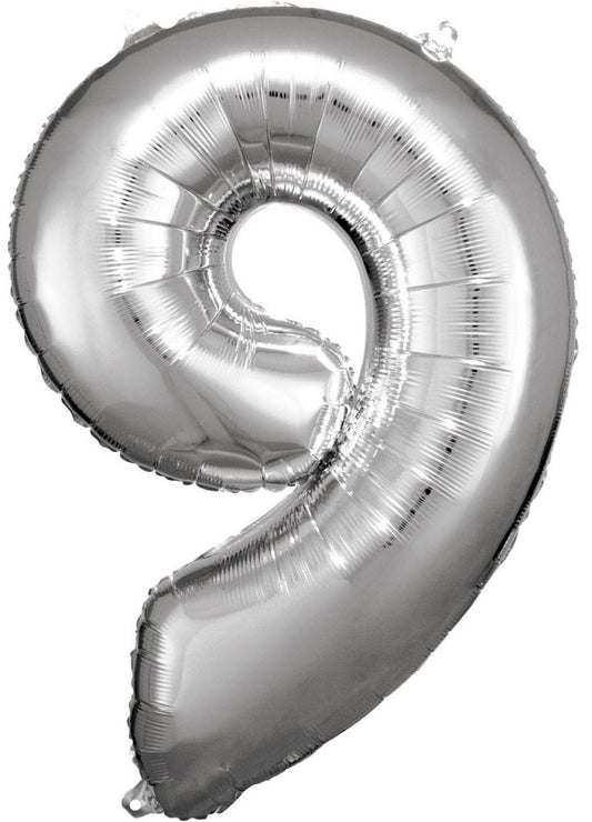 Sudraba milzīgais folijas balons "Cipars 9", 83x58 cm