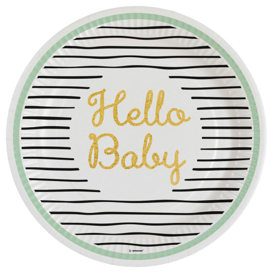 Zeltaini mazuļu "Hello" papīra šķīvji, 8 gab., 23 cm