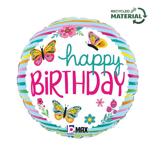 Folijas balons "Dzimšanas diena" ar krāsainiem tauriņiem, 46 cm