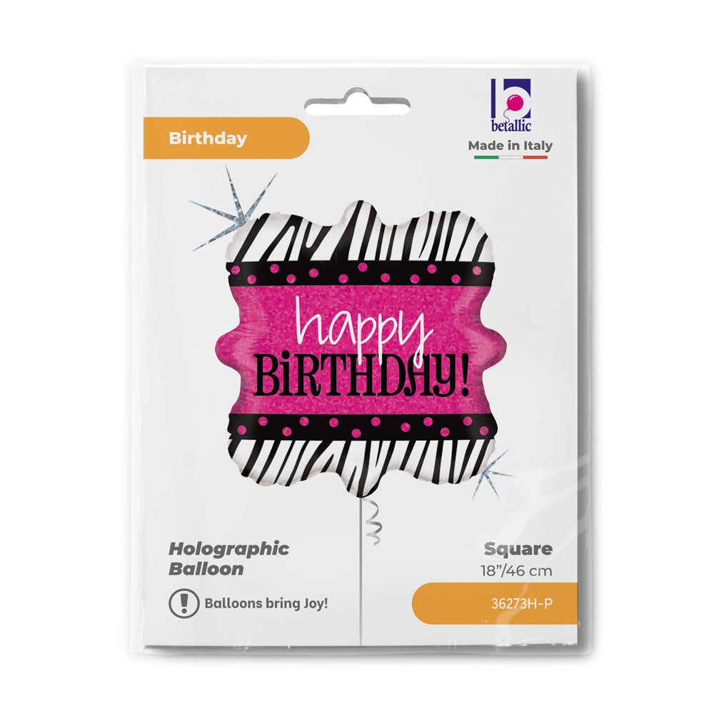 18 collu folijas balons "Dzimšanas diena" ar zebras hologrāfu