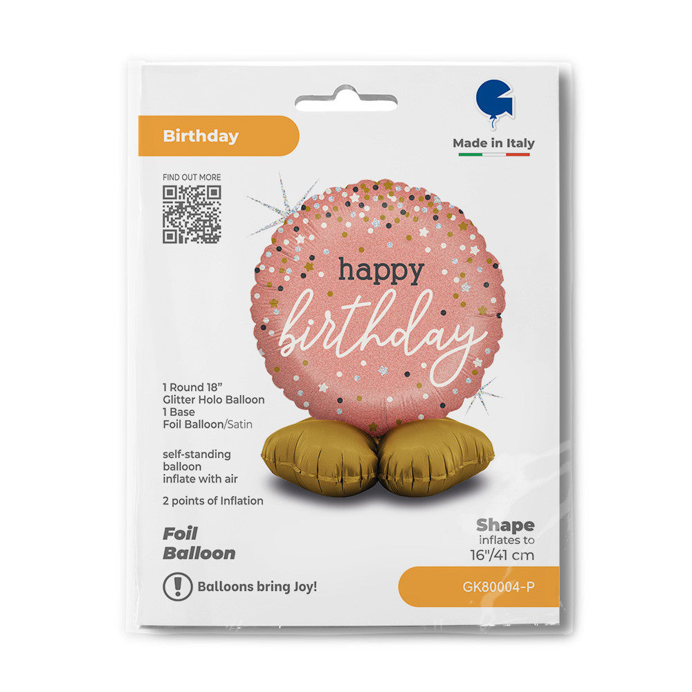 Daudz laimes dzimšanas dienā, rožzelta krāsas folijas balons ar pamatni, 41 cm