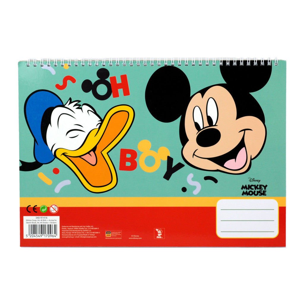 Disney Mickey Oh Boy A/4 spirālveida skicēšanas burtnīca ar 40 lapām un uzlīmēm