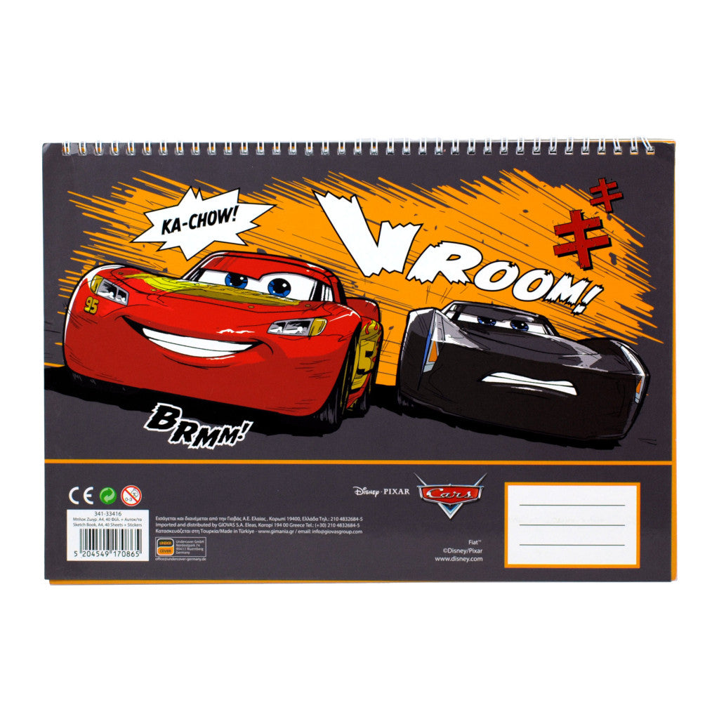 Disney Cars Vroom A/4 spirālveida skicēšanas burtnīca ar 40 lappusēm un uzlīmēm
