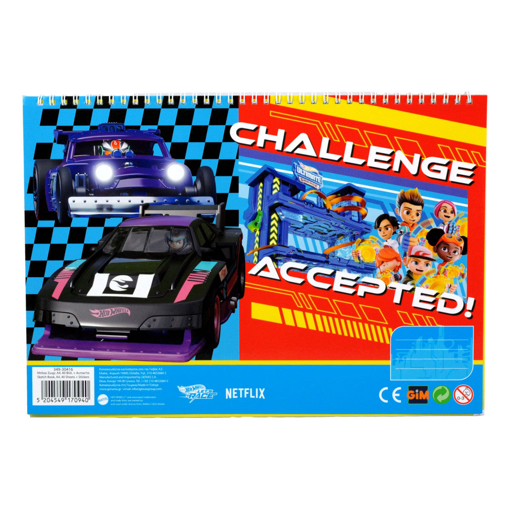 Hot Wheels Challenge A/4 spirālveida skicēšanas burtnīca ar 40 lapām un uzlīmēm
