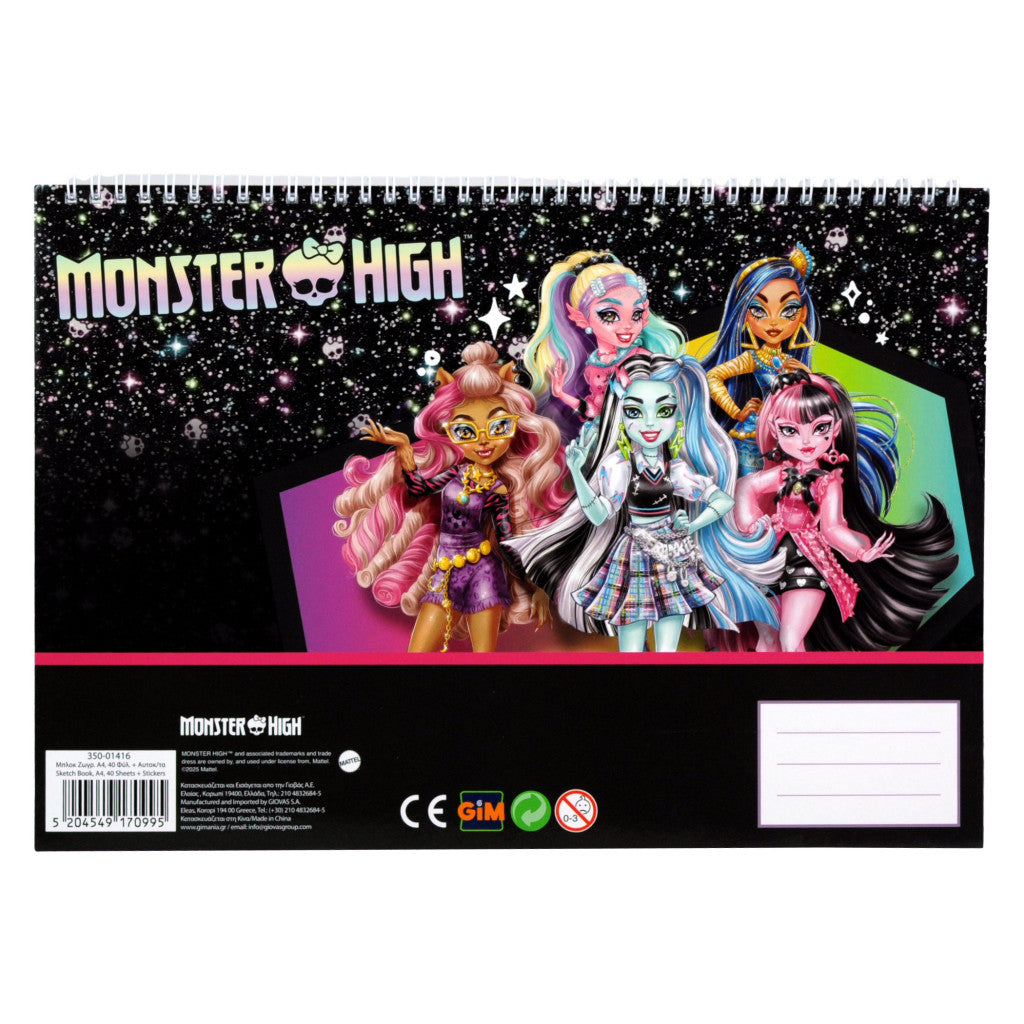 Monster High Crew A/4 spirālveida skicēšanas burtnīca ar 40 lapām un uzlīmēm