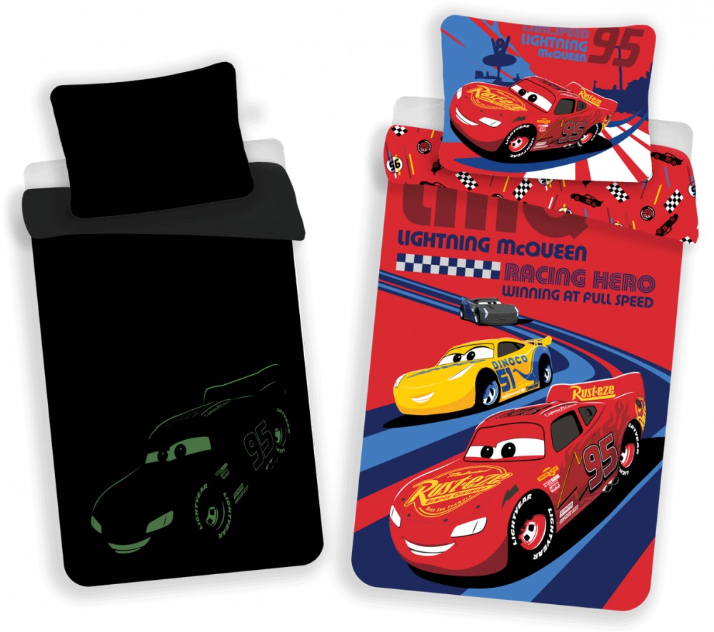 Disney Cars gultas veļa, spīd tumsā, LMQ 140–200 cm, 70 x 90 cm