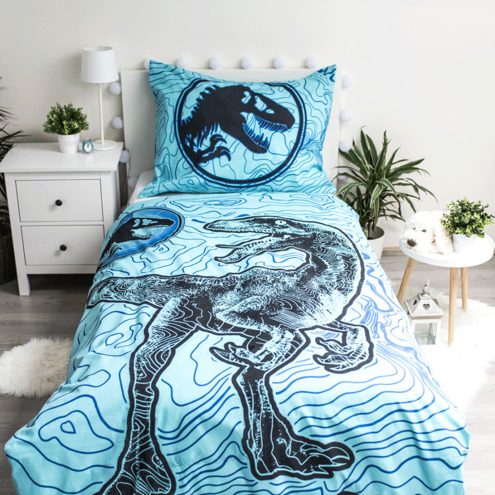 Juras laikmeta pasaules dinozauru izsekotājs, tumsā spīdošs gultasveļas komplekts 140–200 cm, 70 x 90 cm