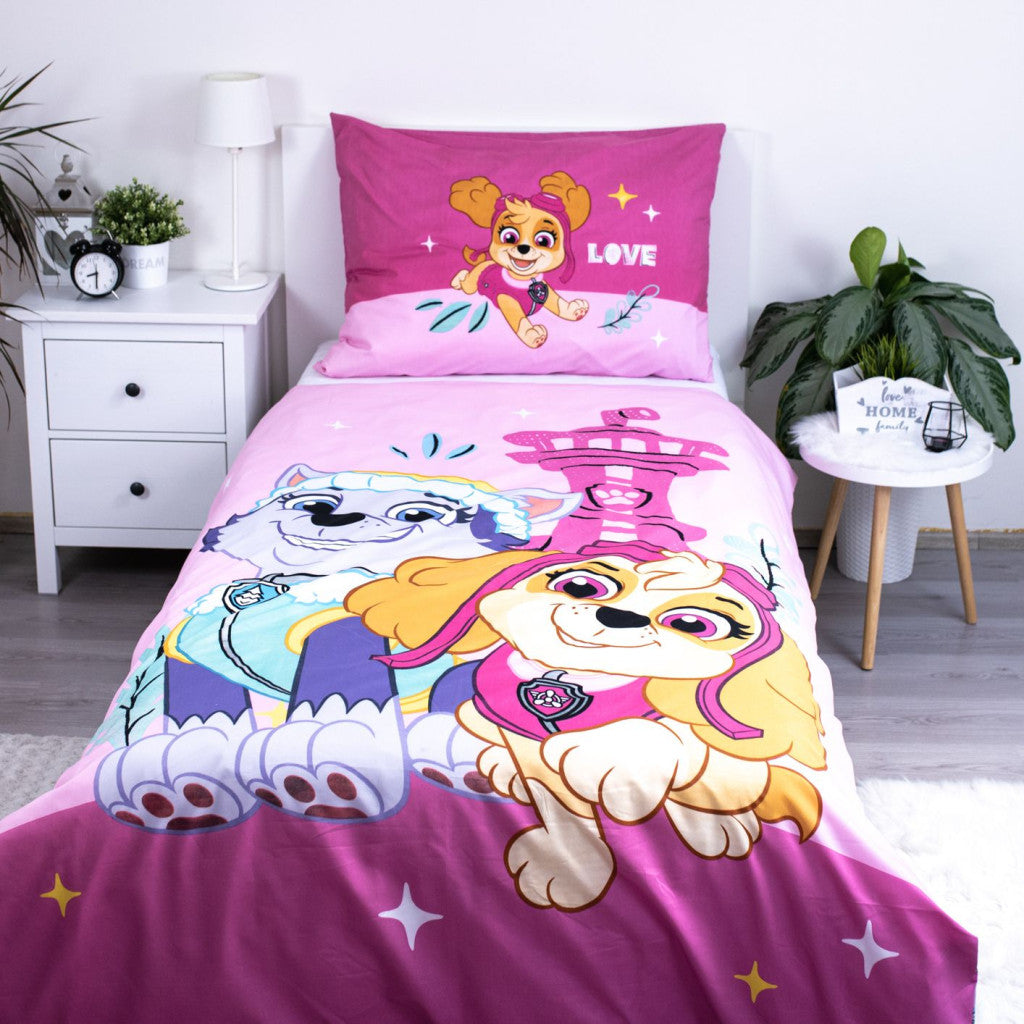 Ķepu patruļa Pink Love gultasveļas komplekts 140x200cm, 70x90 cm mikrošķiedra