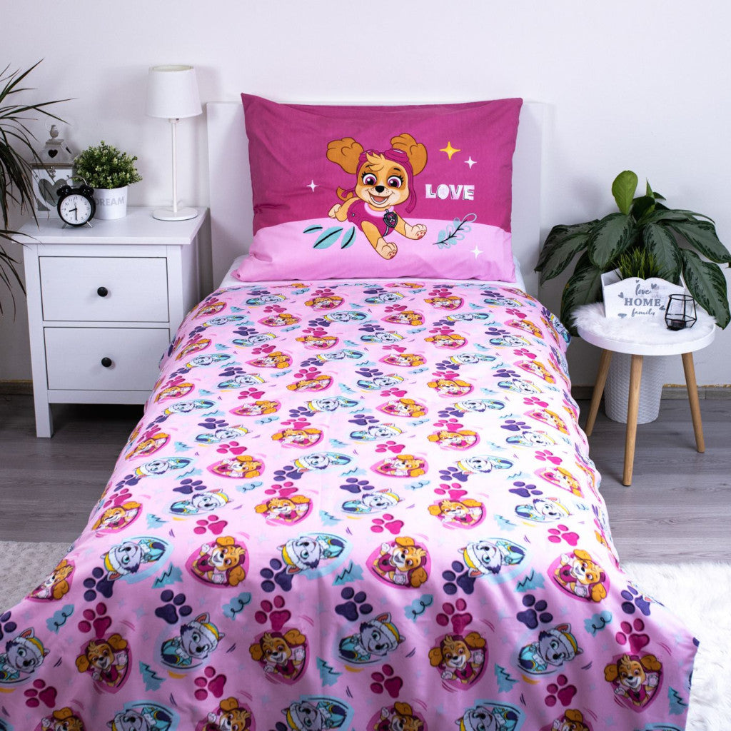 Ķepu patruļa Pink Love gultasveļas komplekts 140x200cm, 70x90 cm mikrošķiedra