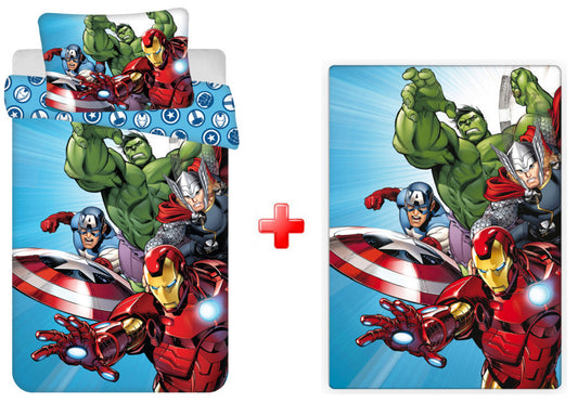 Avengers gaiši zils bērnu gultasveļas komplekts un flīsa sega