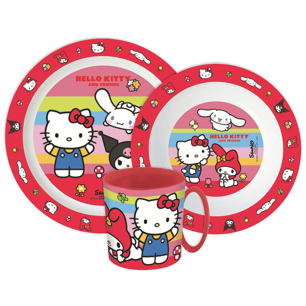 Hello Kitty un draugu vakariņu servīze, mikroplastmasas komplekts ar krūzi 390 ml