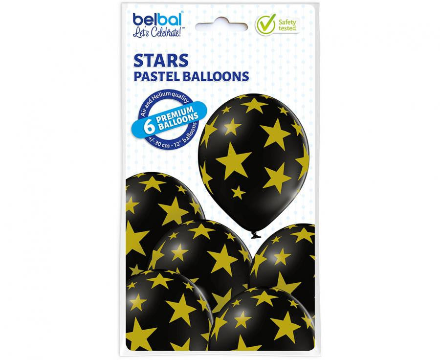 Melna krāsa, zvaigžņu baloni, balonu komplekts 6 gab. 30 cm (12 collas)