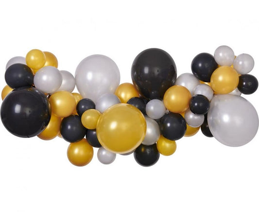 Sudraba-zelta-melna krāsaina mazuļa balona, balonu virteņu komplekts 65 gab.