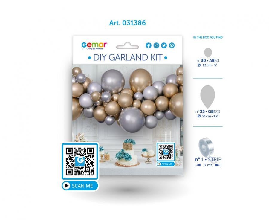 Sudrabaini zelta krāsas balons, balonu virtenes komplekts 65 gab.