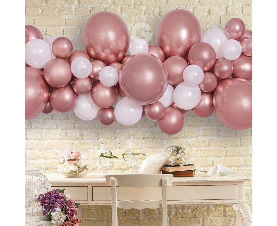 Rozā zelta krāsas balons, balonu virteņu komplekts 65 gabali