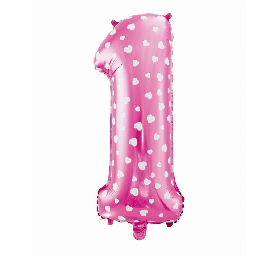 Rozā skaitlis ar sirsniņām, rozā folijas balons "Cipars 1", 61 cm