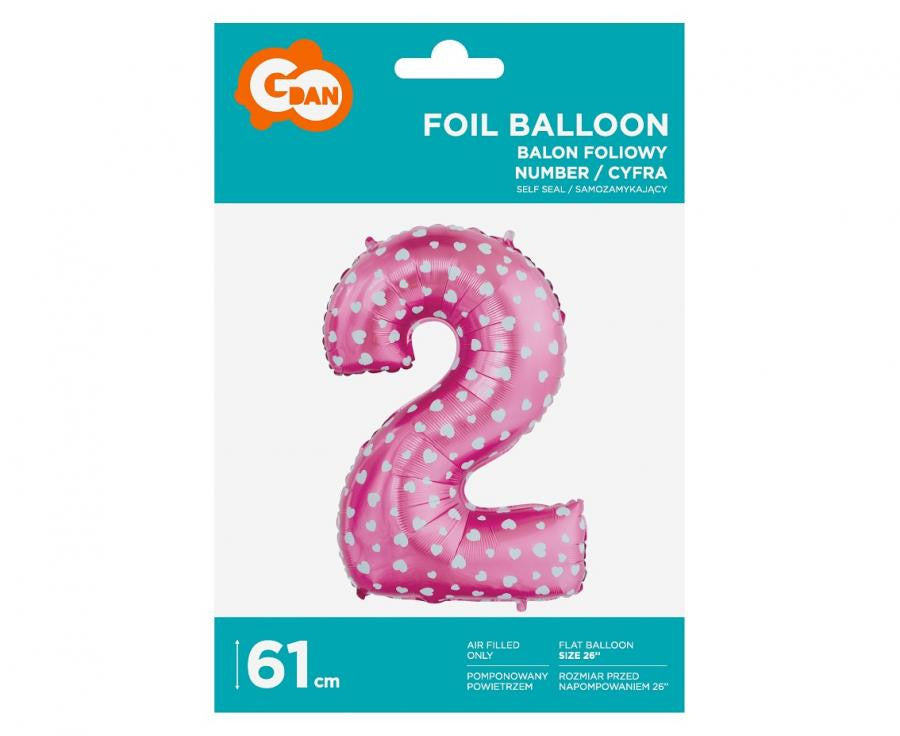 Rozā cipars ar sirsniņām, rozā folijas balons "Cipars 2", 61 cm