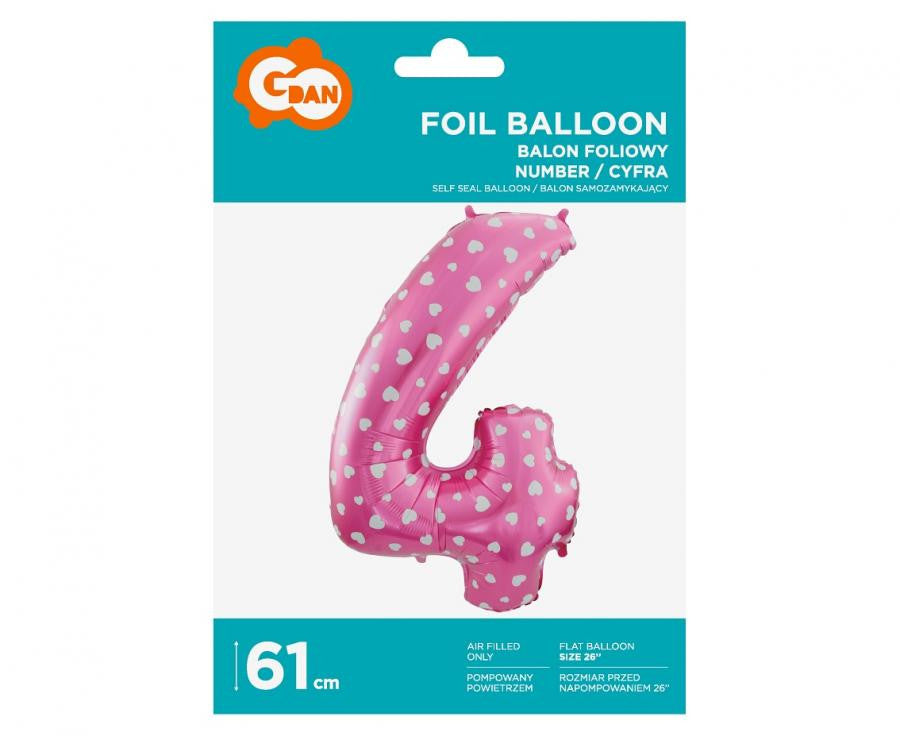 Rozā cipars ar sirsniņām, rozā folijas balons "Cipars 4", 61 cm